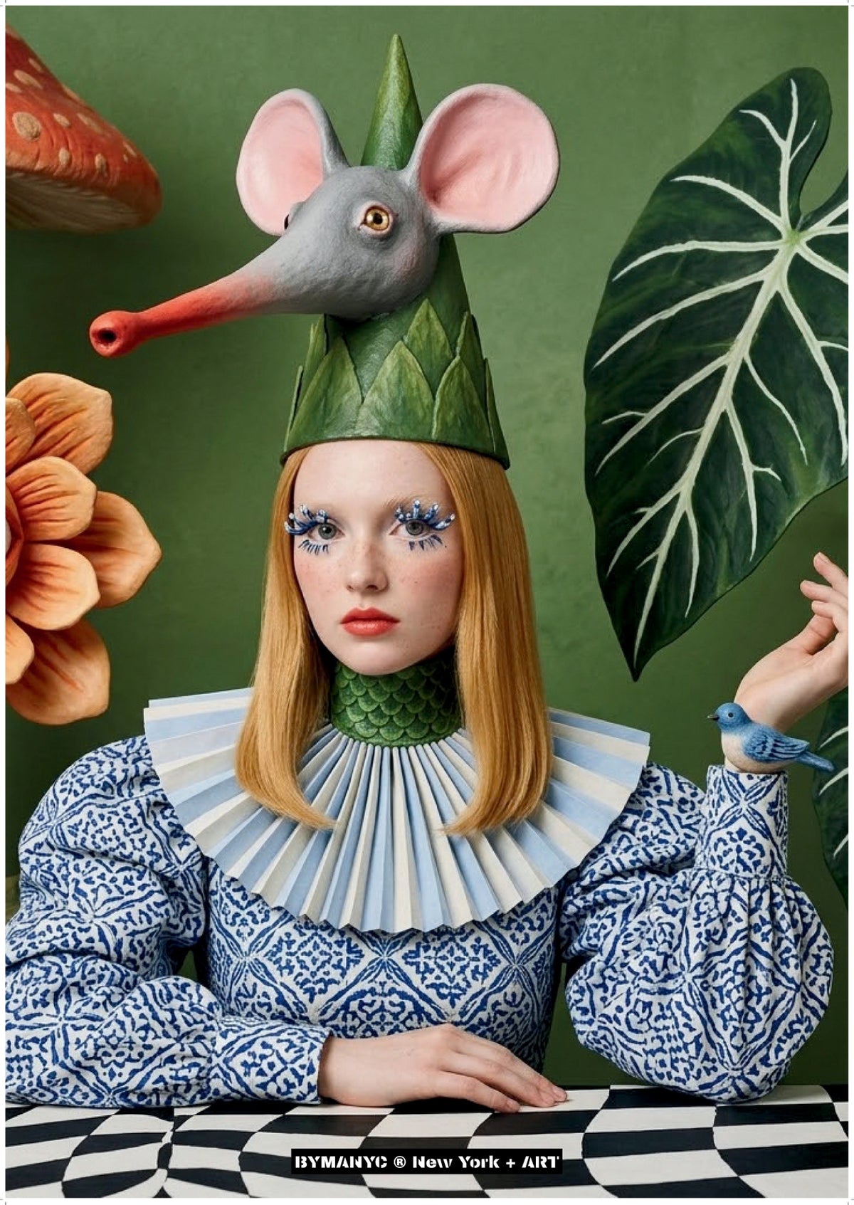 POSTER of ART AVANT-GARDE - THE WHIMSICAL FAUNA - Mouse Hat and Blue Bird Portrait - BYMANYC ® New York + ART