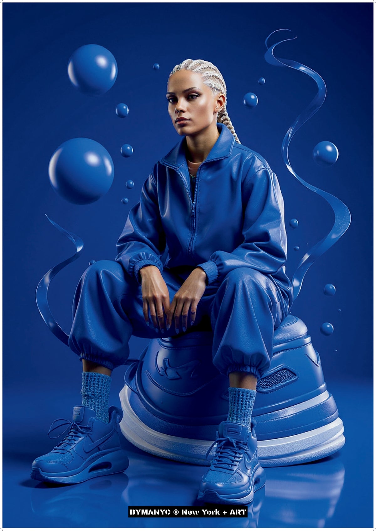 POSTER of ART AVANT-GARDE - THE BLUE MONOLITH - Monochrome Streetwear and Floating Spheres Portrait - BYMANYC ® New York + ART
