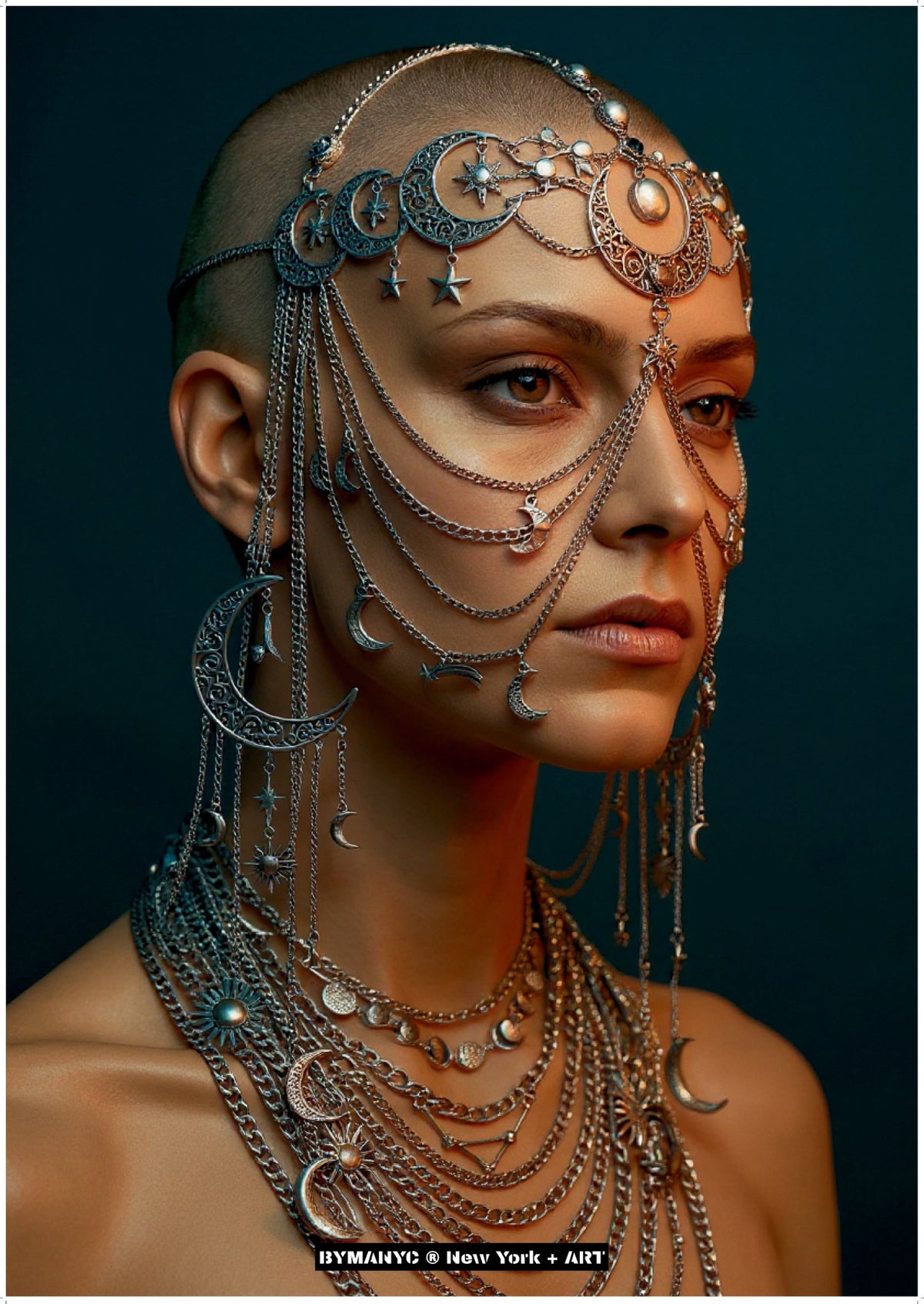 POSTER of ART AVANT-GARDE - THE CELESTIAL GODDESS - Moon and Star Chain Headpiece Portrait - BYMANYC ® New York + ART