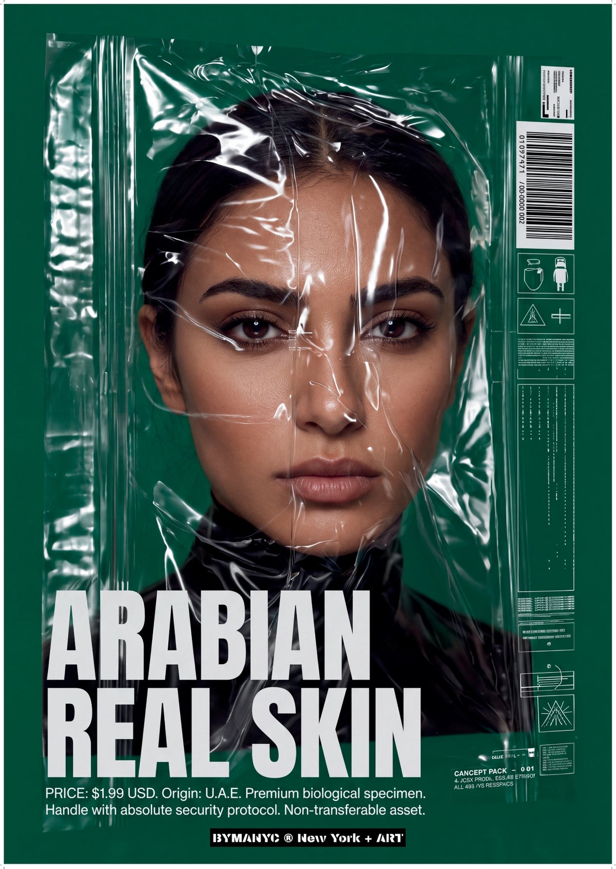 POSTER of ART CONCEPTUAL - THE ARABIAN SPECIMEN - Limited Edition Plastic-Wrapped Human Commodity Artwork - BYMANYC ® New York + ART