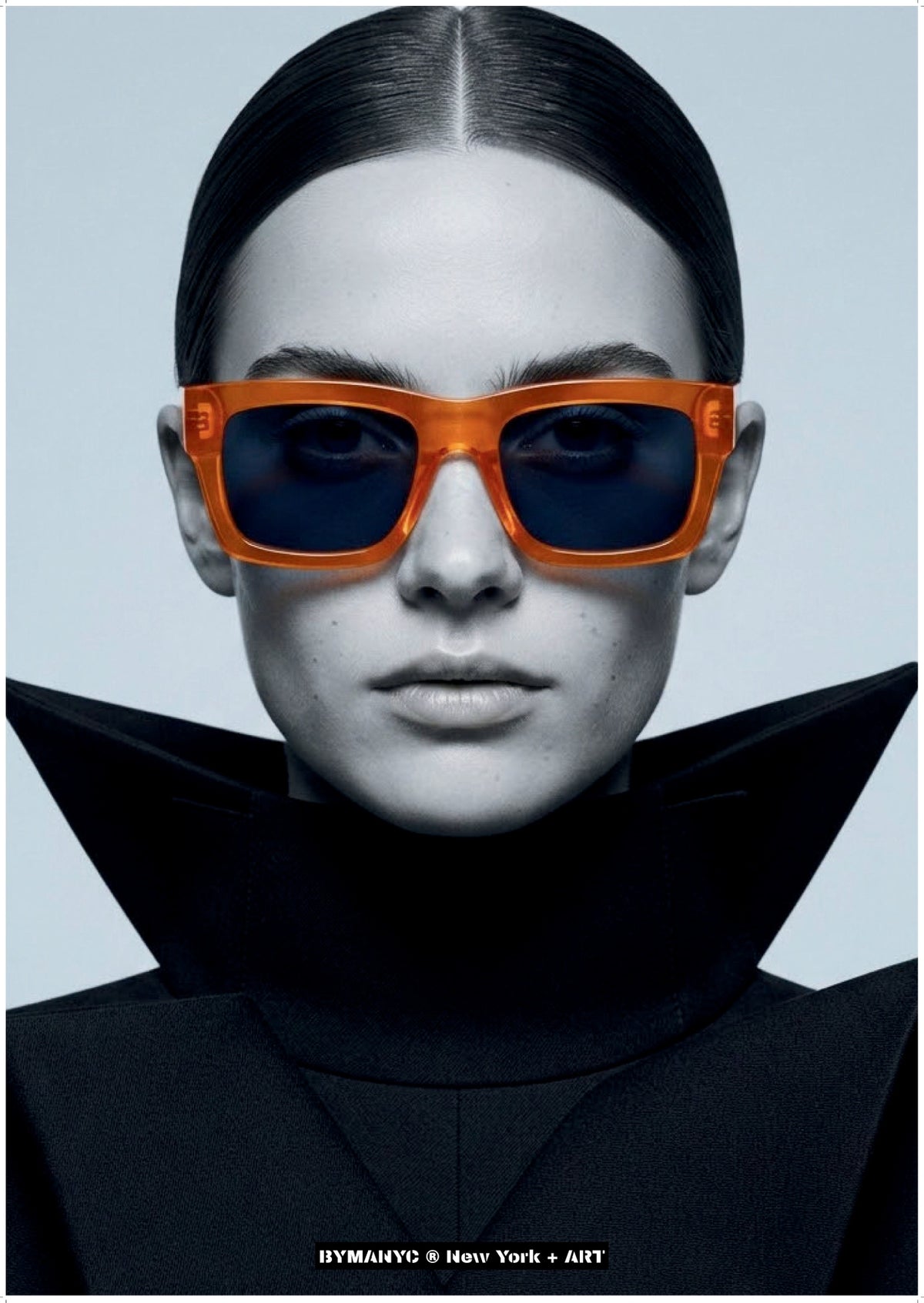 POSTER of ART AVANT-GARDE - THE AMBER VISTA - Orange Sunglasses and Structured Black Collar Portrait - BYMANYC ® New York + ART