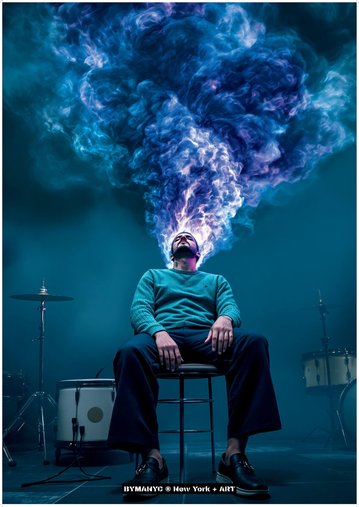 POSTER of ART AVANT-GARDE - THE COSMIC RESONANCE - Limited Edition High-Fashion Drummer Portrait with Nebula Smoke and Teal Atmosphere - BYMANYC ® New York + ART