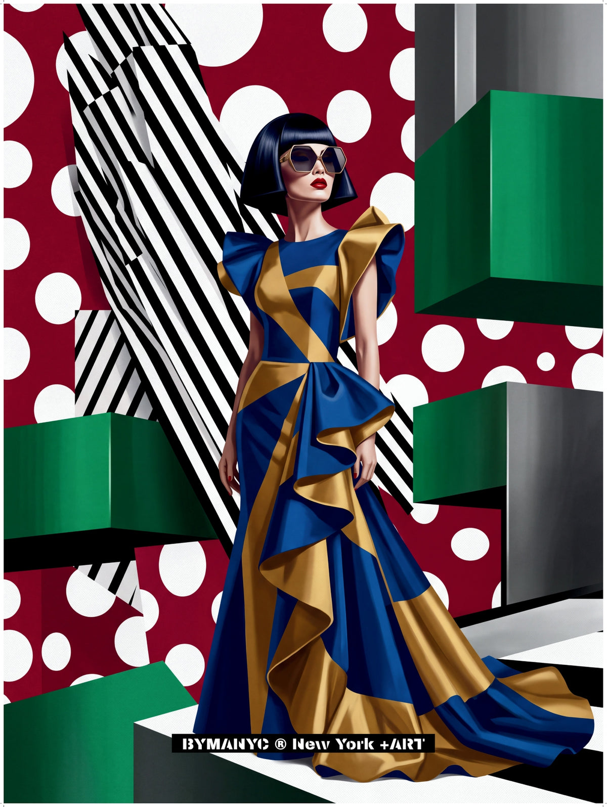 POSTER of POP ART - THE COBALT RUFFLE - Sapphire Blue and Gold Evening Gown - BYMANYC ® New York + ART