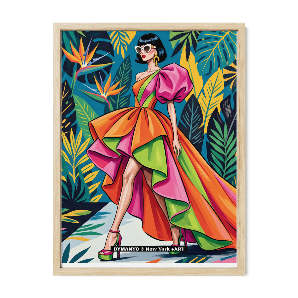 POSTER of POP ART - THE EXOTIC VIBRANCE - Multicolored Ruffled Gown in Tropical Jungle - BYMANYC ® New York ART
