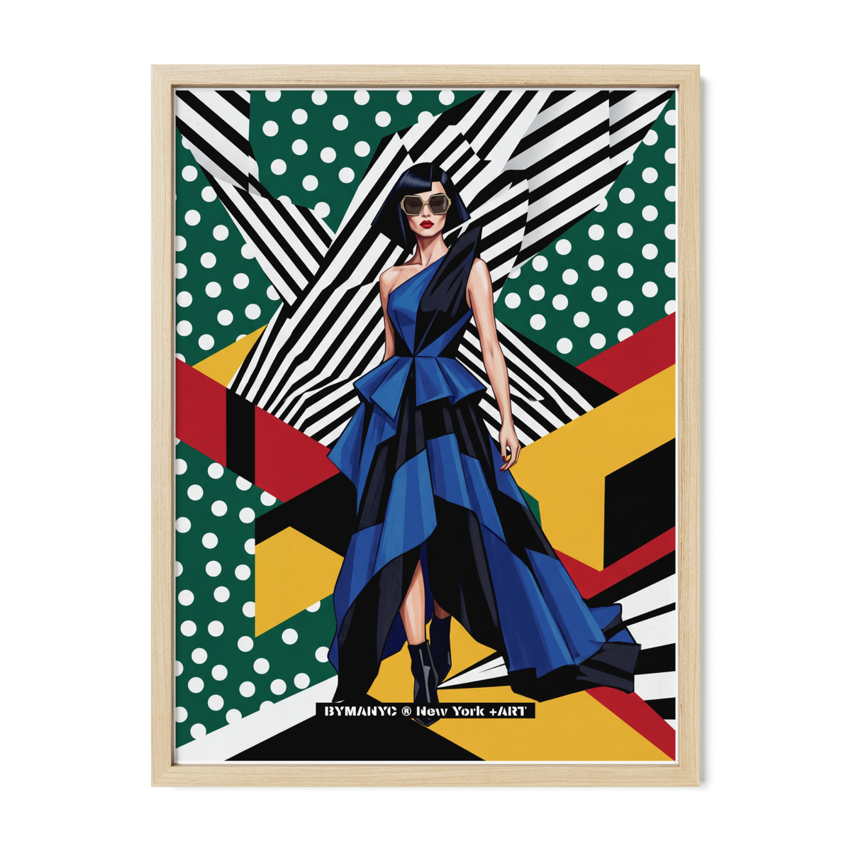 POSTER of POP ART - THE ABSTRACT MOSAIC - Blue Asymmetric Gown with Polka Dot and Geometric Collage Background - BYMANYC ® New York ART