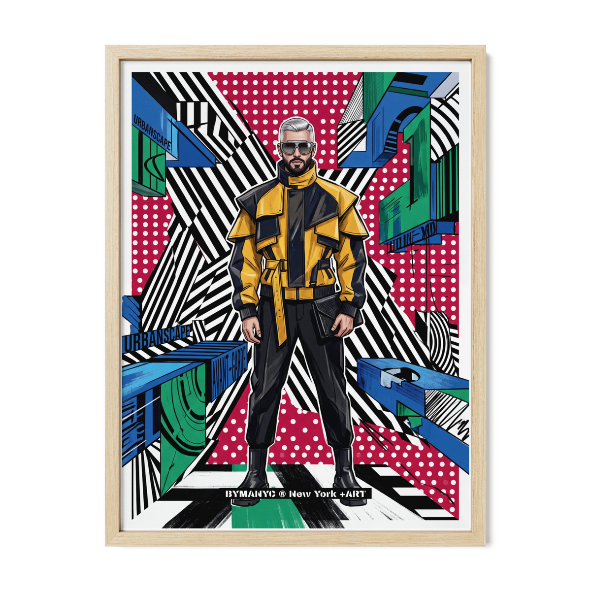 POSTER of POP ART - THE URBAN YELLOW - Yellow and Black Avant-Garde Jacket with Dot Pattern Background - BYMANYC ® New York ART