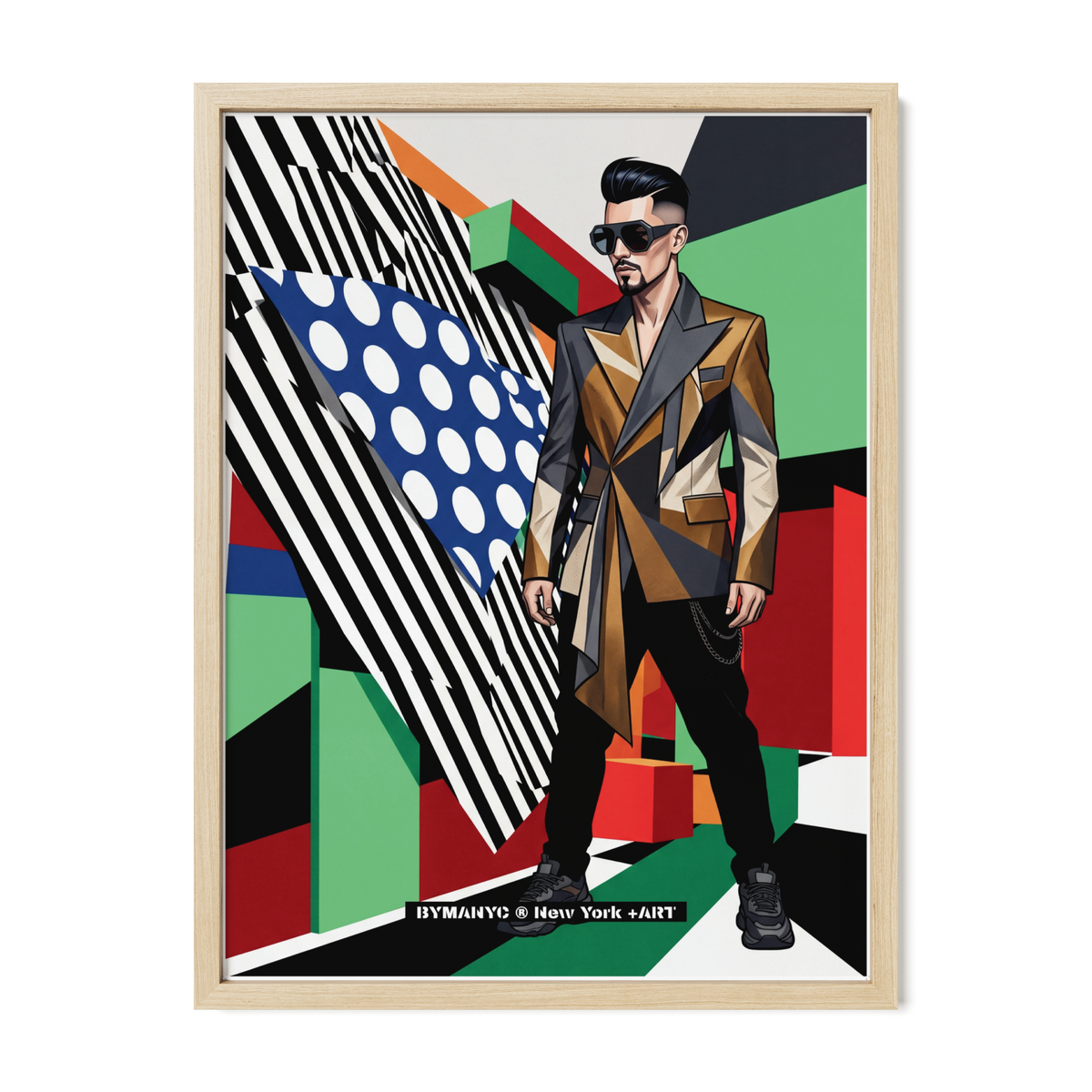 POSTER of POP ART - THE BRONZE DRAPE - Bronze and Black Draped Suit with Geometric Backdrop - BYMANYC ® New York ART