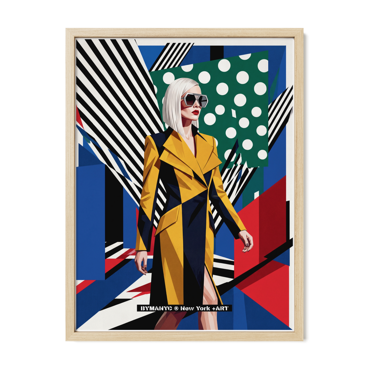 POSTER of POP ART - THE GEOMETRIC AMBER - Amber and Black Structural Coat with Polka Dot and Block Collage - BYMANYC ® New York ART
