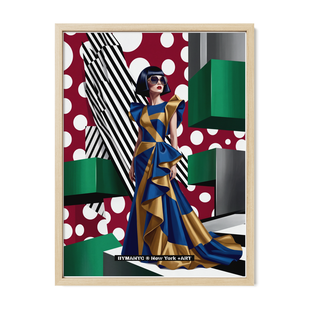 POSTER of POP ART - THE COLOR BLOC - Blue and Gold Ruffled Gown in Geometric Setting - BYMANYC ® New York ART