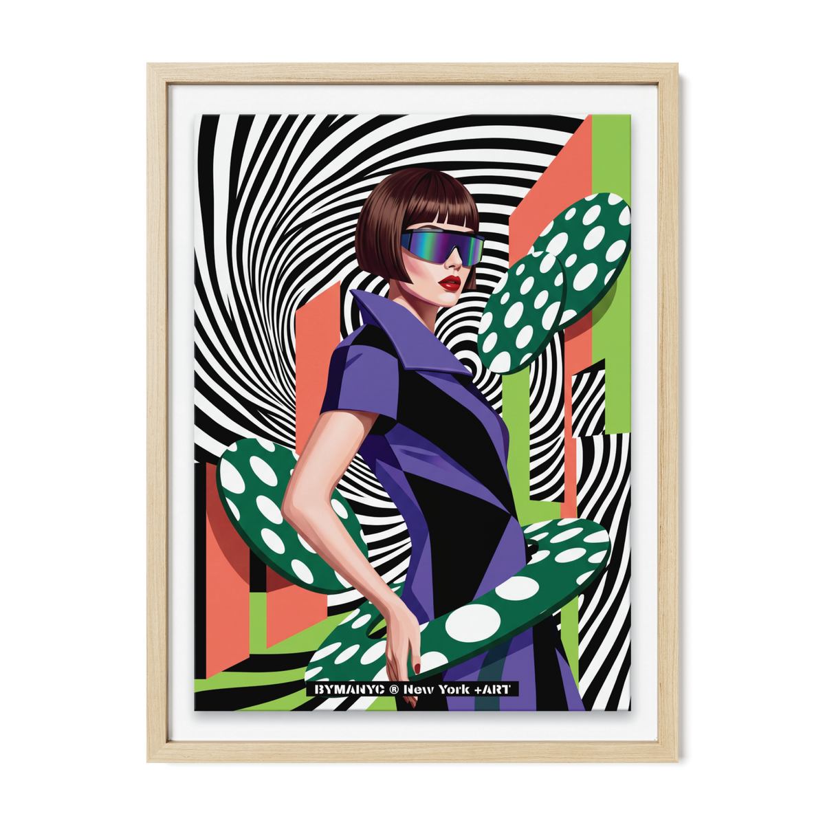 POSTER of POP ART - THE NEON VORTEX - Purple and Black Geometric Dress with Polka Dot Rings and Spiral Background - BYMANYC ® New York ART