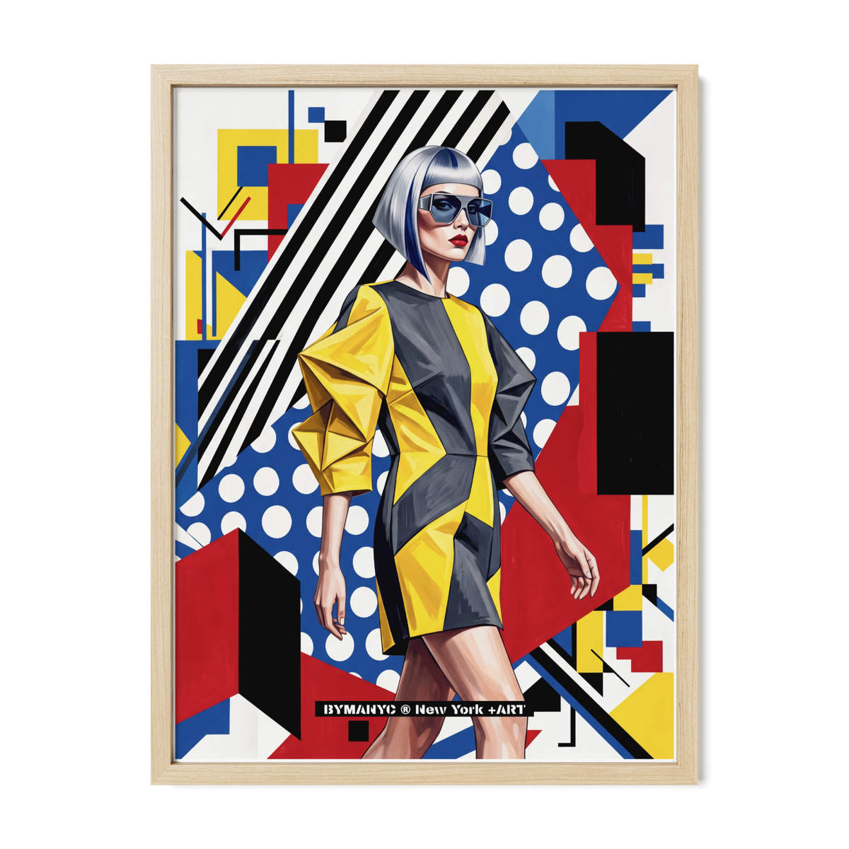 POSTER of POP ART - THE PRIMITIVE CONSTRUCT - Yellow and Charcoal Geometric Dress with Primary Color Collage Background - BYMANYC ® New York ART