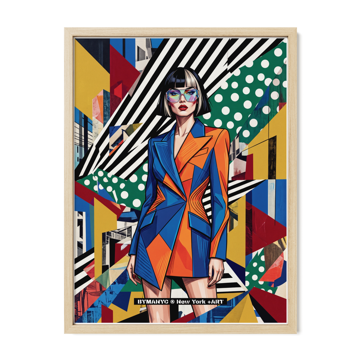 POSTER of POP ART - THE COBALT MANDARIN - Blue and Orange Tailored Blazer Dress in Abstract Collage - BYMANYC ® New York ART