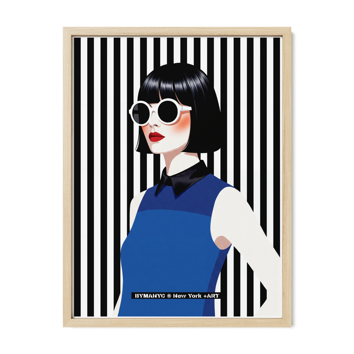 POSTER of POP ART - THE MOD STRIPE - Royal Blue Dress with White Round Sunglasses and Striped Background - BYMANYC ® New York ART