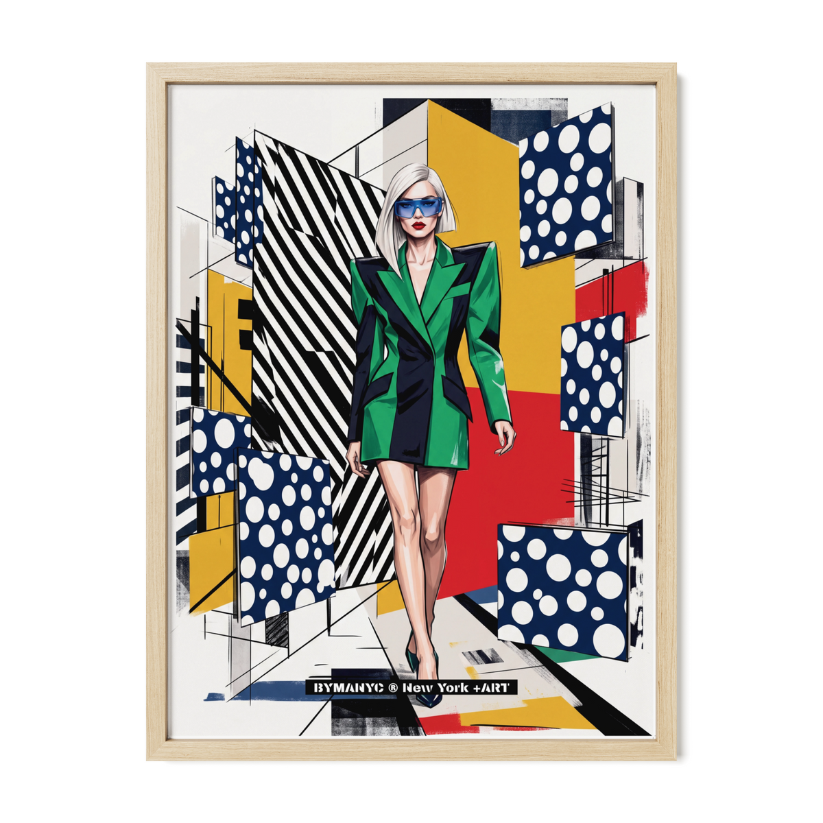 POSTER of POP ART - THE NEO EMERALD - Green and Black Structured Blazer Dress with Floating Polka Dot Panels - BYMANYC ® New York ART