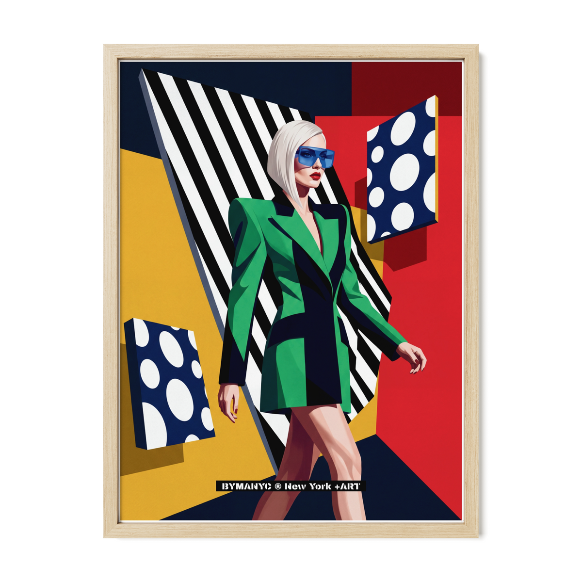 POSTER of POP ART - THE NEO JADE - Green and Black Tailored Blazer Dress with Floating Polka Dot Blocks - BYMANYC ® New York ART