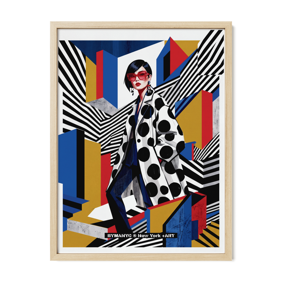 POSTER of POP ART - THE POLKA DOT COAT - Black and White Polka Dot Coat with Red Sunglasses and Constructivist Backdrop - BYMANYC ® New York ART