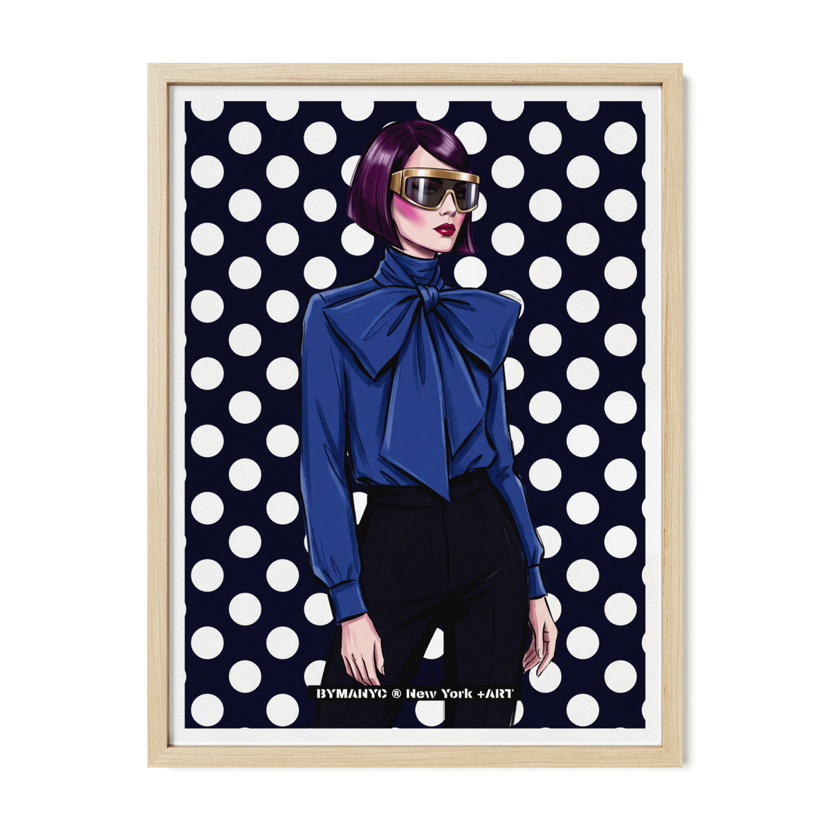POSTER of POP ART - THE ROYAL BOW - Blue Bow Blouse and Gold-Trimmed Visor against Polka Dot Backdrop - BYMANYC ® New York ART