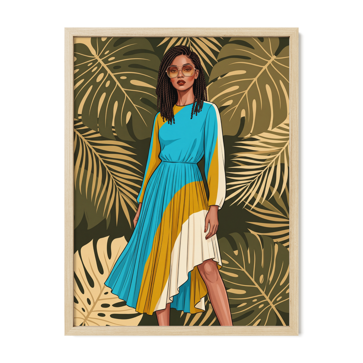 POSTER of POP ART - THE TROPICAL PALM - Blue and Yellow Pleated Dress in Jungle Foliage - BYMANYC ® New York ART