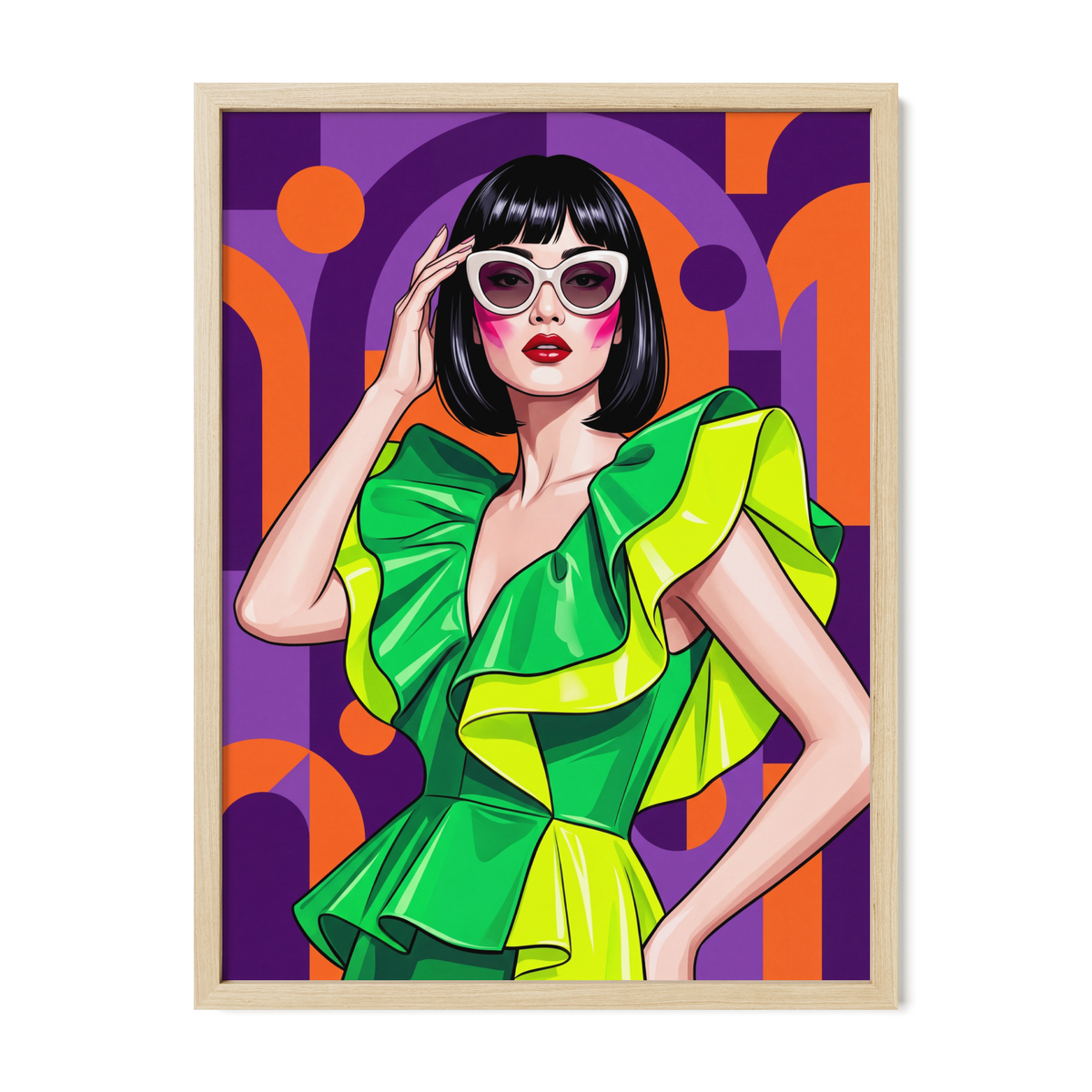 POSTER of POP ART - THE NEON LIME - Green and Yellow Ruffled Dress with Geometric Background - BYMANYC ® New York ART