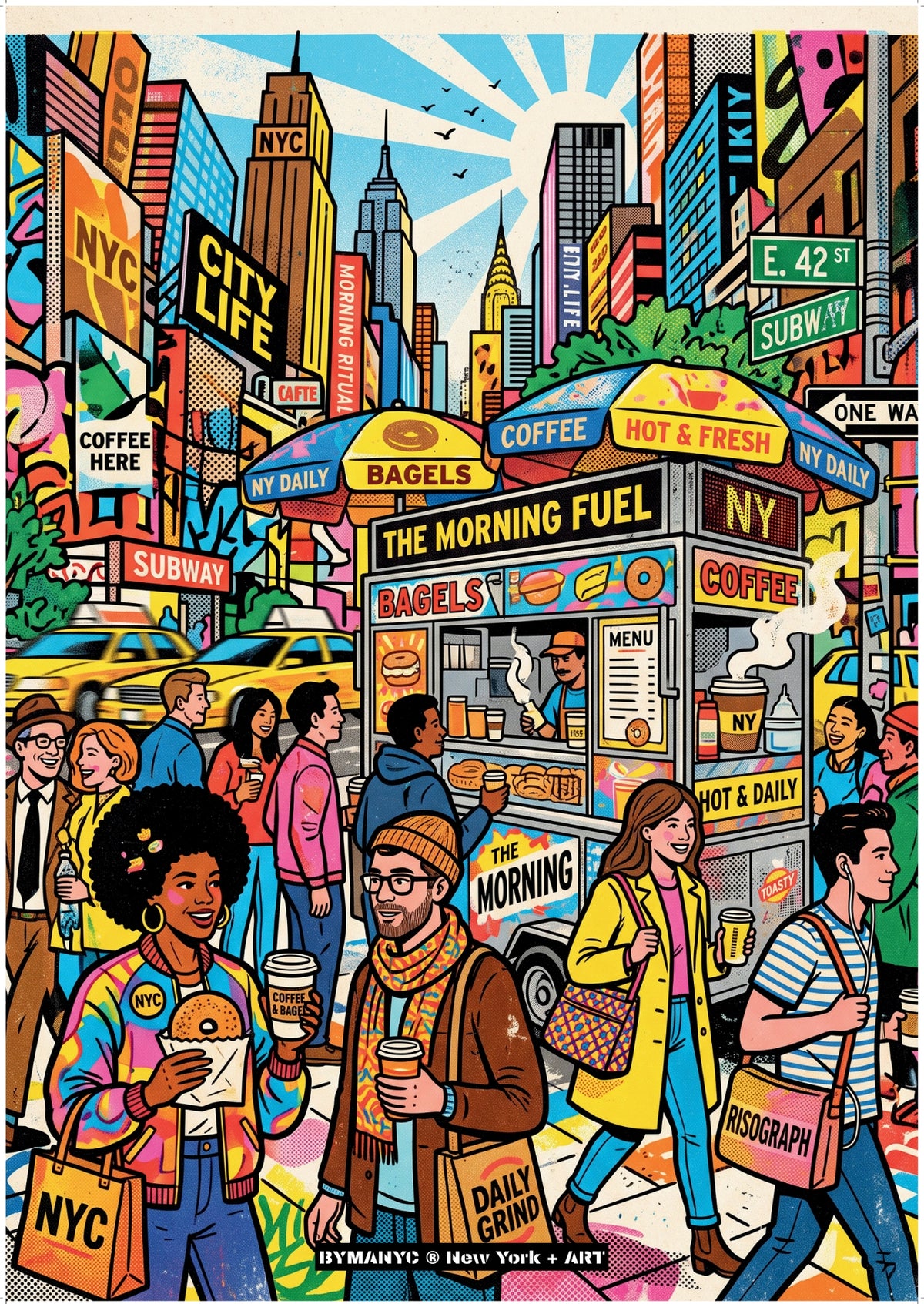 POSTER of ART NYC - NYC MORNING RITUAL - Coffee and Bagels Daily Grind BYMANYC ® New York + ART Limited Edition