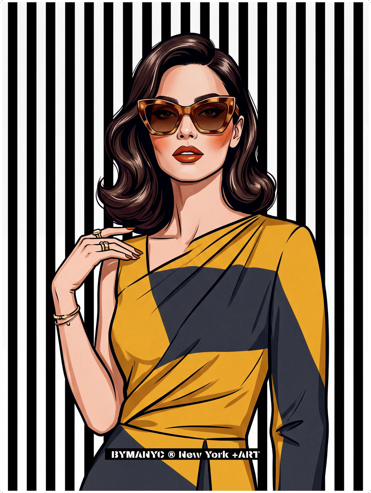 POSTER of POP ART - THE GOLDEN DRAPE - Mustard and Charcoal Asymmetric Evening Wear - BYMANYC ® New York + ART