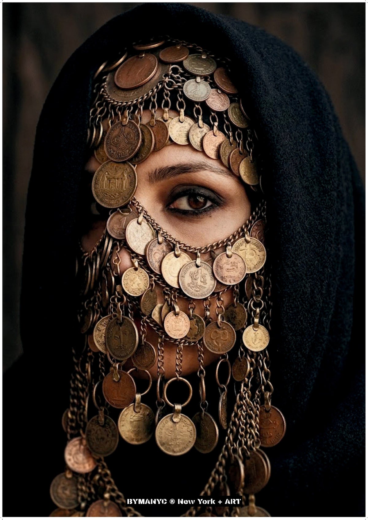POSTER of ART AVANT-GARDE - THE GILDED VEIL - Antique Coin Headdress and Black Hood Portrait - BYMANYC ® New York + ART