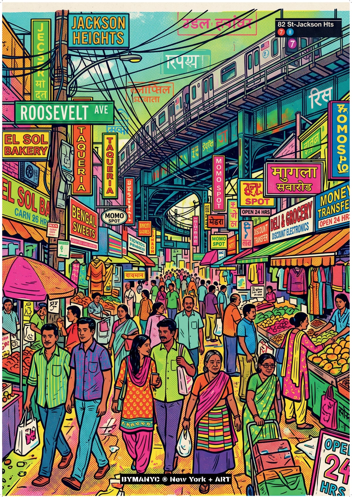 POSTER of ART NYC - JACKSON HEIGHTS - Roosevelt Avenue and Vibrant Street Scene BYMANYC ® New York + ART Limited Edition