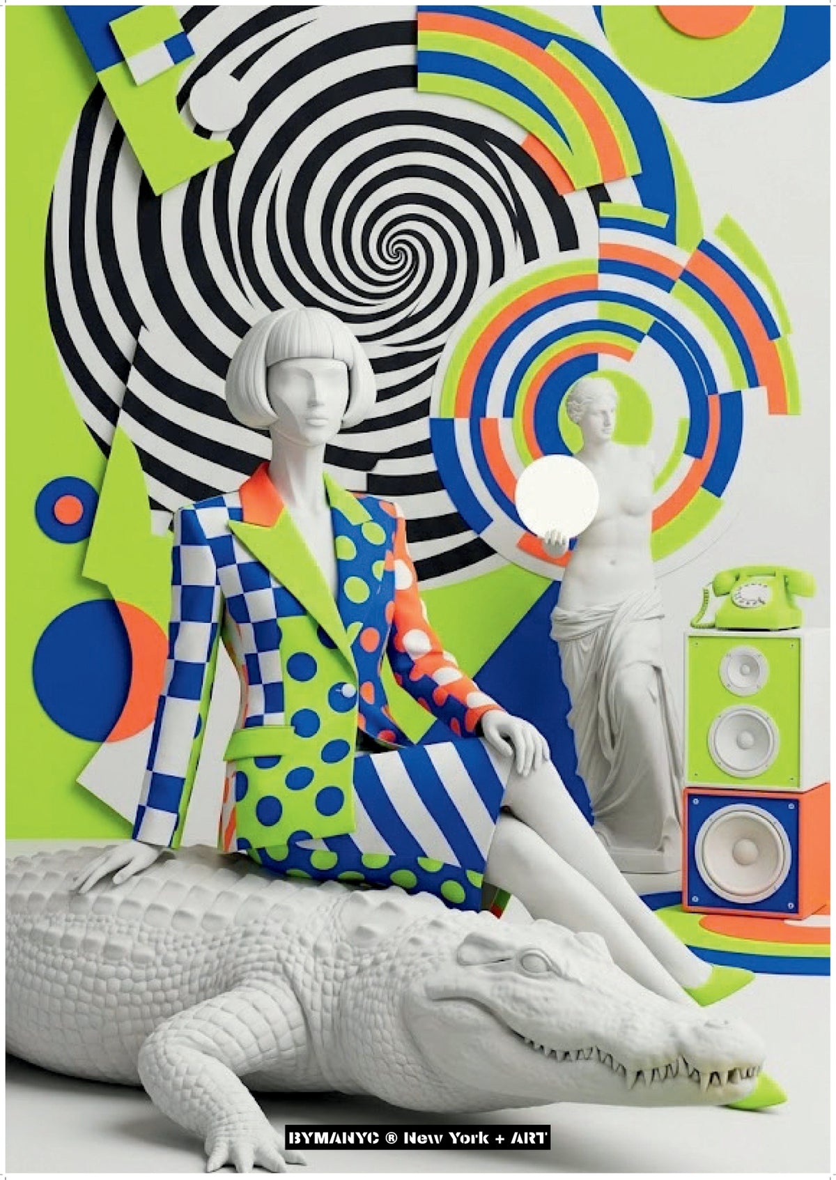 POSTER of ART AVANT-GARDE - THE POP ART REPTILE - Geometric Suit and Crocodile Sculpture Portrait - BYMANYC ® New York + ART