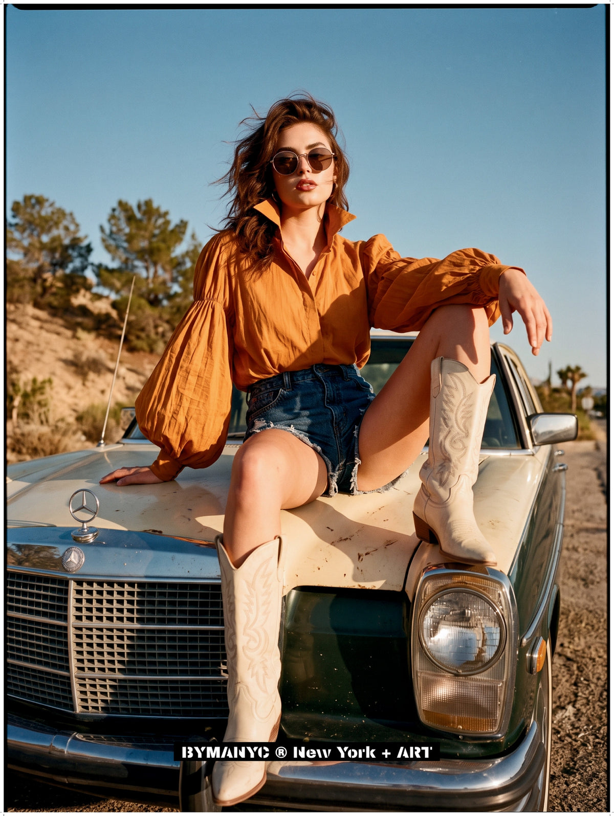 POSTER of ART AVANT-GARDE - VINTAGE CAR COWBOY BOOTS - Desert Roadside Portrait - BYMANYC ® New York + ART