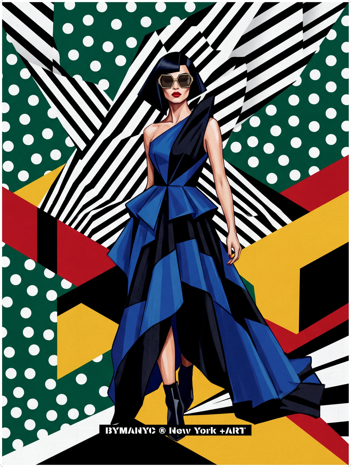 POSTER of POP ART - THE ABSTRACT MOSAIC - Blue Asymmetric Gown with Polka Dot and Geometric Collage Background - BYMANYC ® New York ART