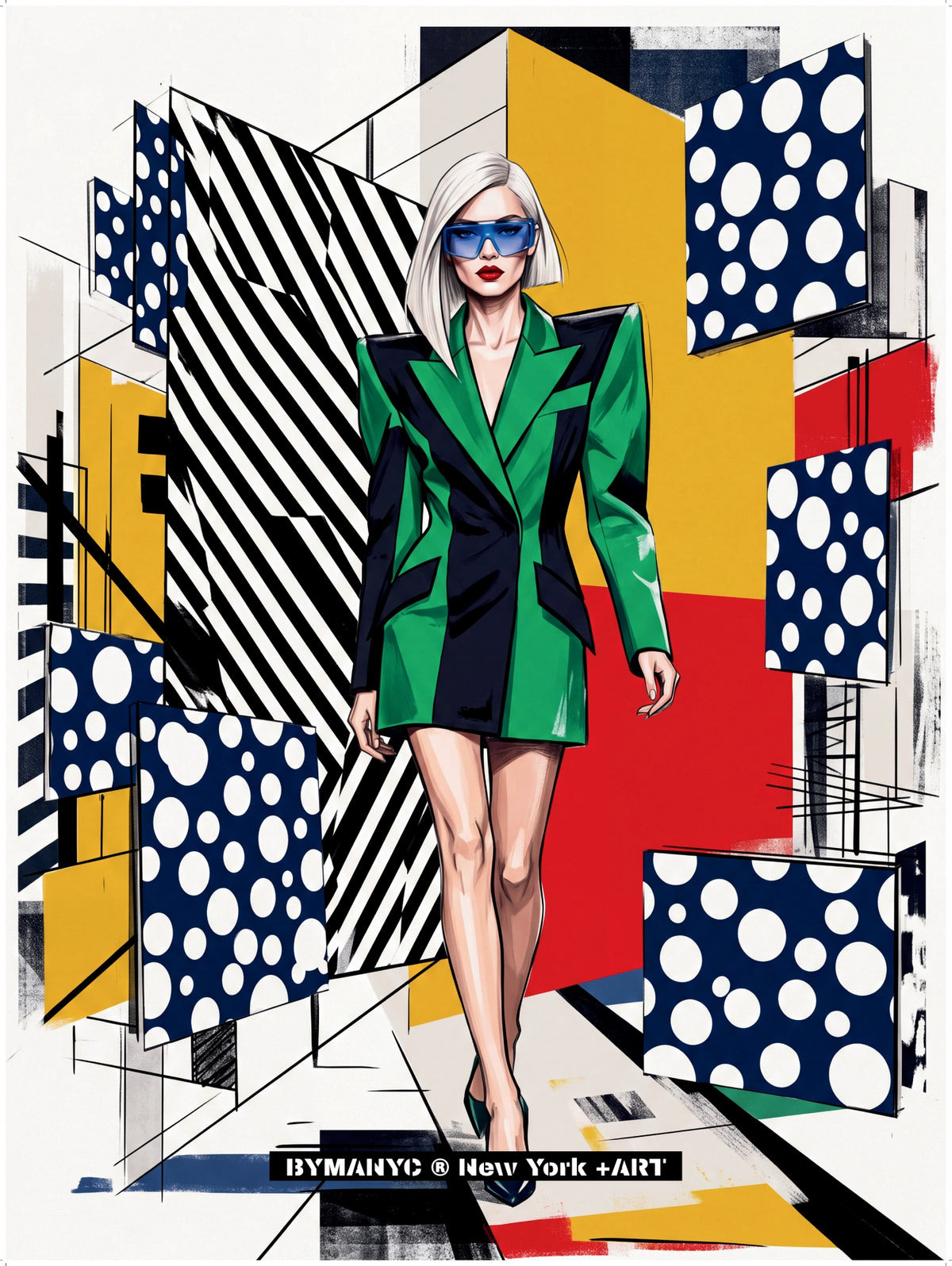 POSTER of POP ART - THE NEO EMERALD - Green and Black Structured Blazer Dress with Floating Polka Dot Panels - BYMANYC ® New York ART