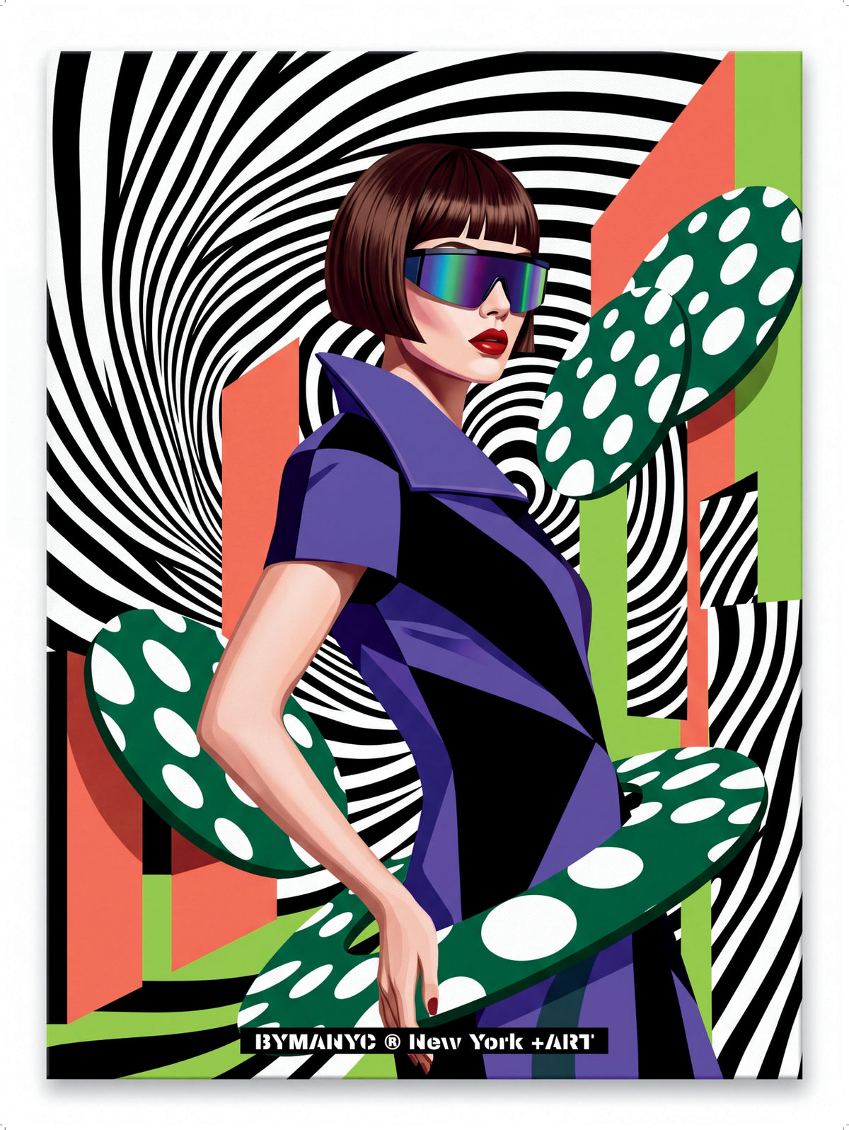 POSTER of POP ART - THE NEON VORTEX - Purple and Black Geometric Dress with Polka Dot Rings and Spiral Background - BYMANYC ® New York ART
