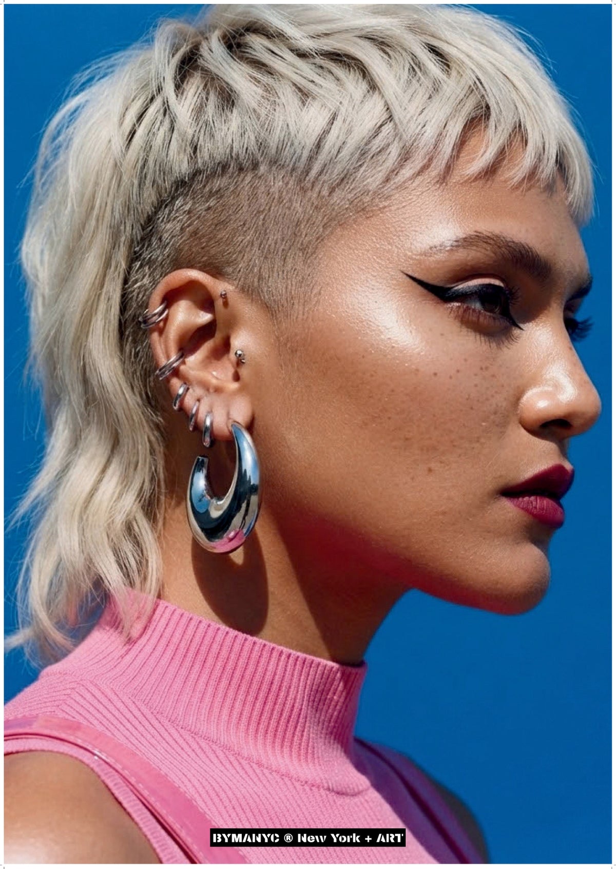 POSTER of ART AVANT-GARDE - THE PLATINUM CUT - Bleach Blonde Mullet and Silver Hoops Portrait - BYMANYC ® New York + ART