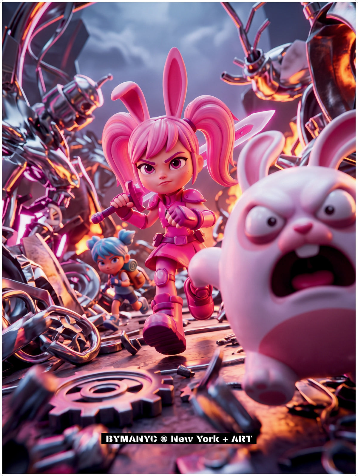 POSTER of ART AVANT-GARDE - PINK BUNNY WARRIOR - Action Fantasy Character Design - BYMANYC ® New York + ART