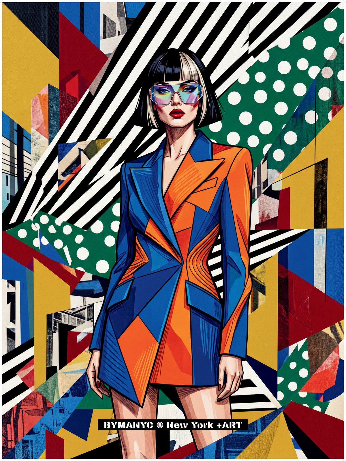 POSTER of POP ART - THE CHROMATIC COLLAGE - Cobalt Blue and Tangerine Asymmetric Dress - BYMANYC ® New York + ART