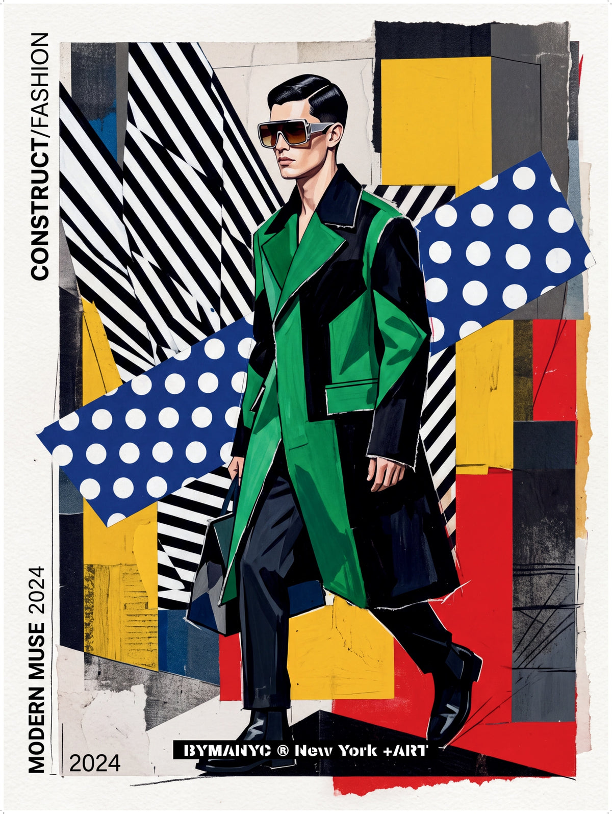 POSTER of POP ART - THE CONSTRUCT GREEN - Emerald and Black Trench Coat in Constructivist Collage - BYMANYC ® New York ART