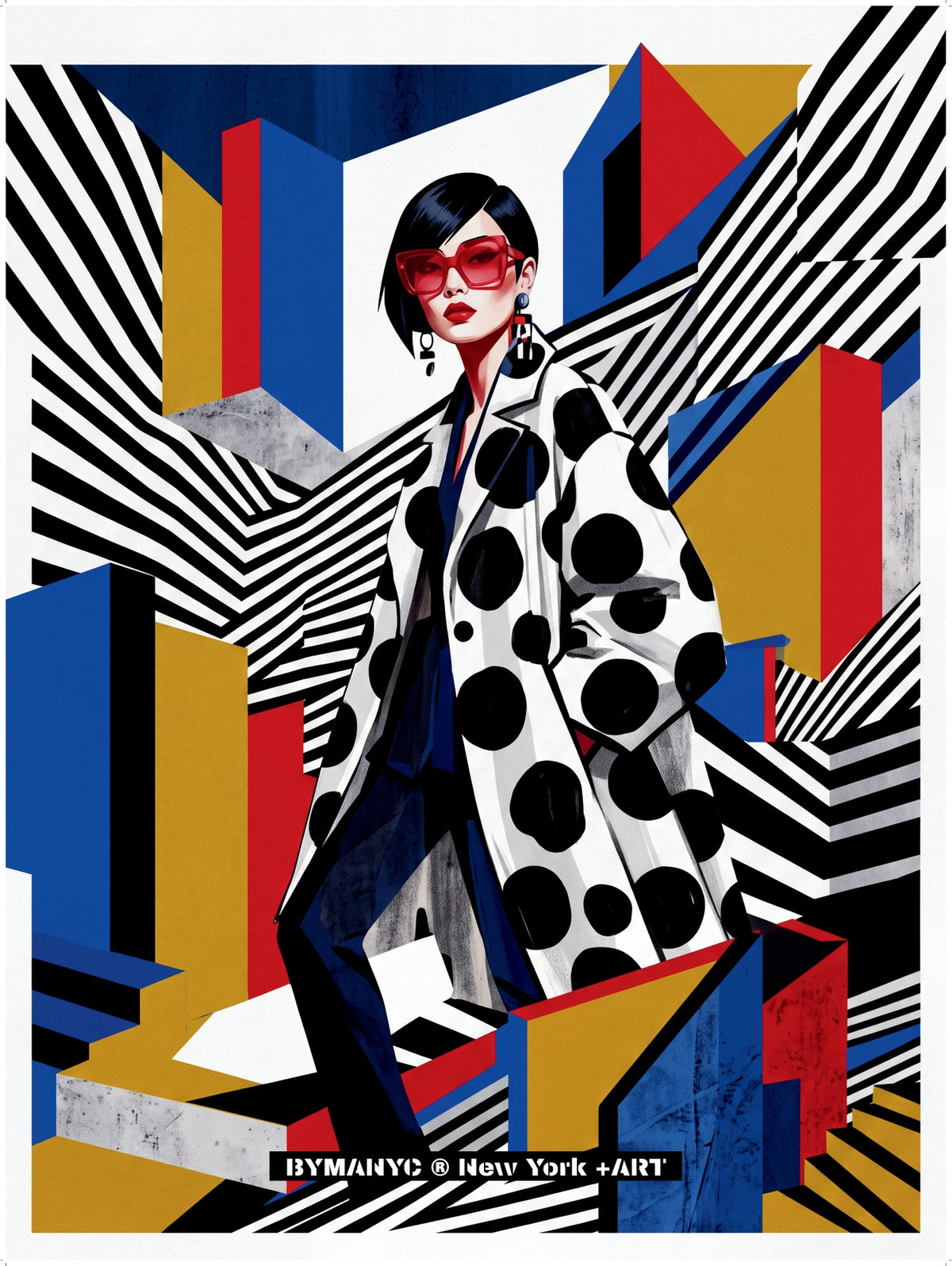POSTER of POP ART - THE POLKA DOT COAT - Black and White Polka Dot Coat with Red Sunglasses and Constructivist Backdrop - BYMANYC ® New York ART