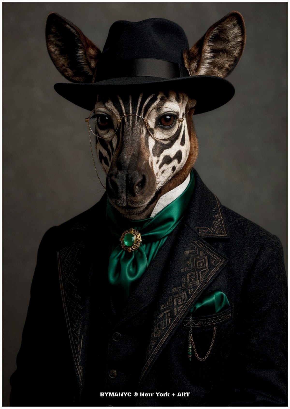 POSTER of ART AVANT-GARDE - THE GENTLEMAN ZEBU - Dapper Zebra in Fedora and Emerald Cravat Portrait - BYMANYC ® New York + ART