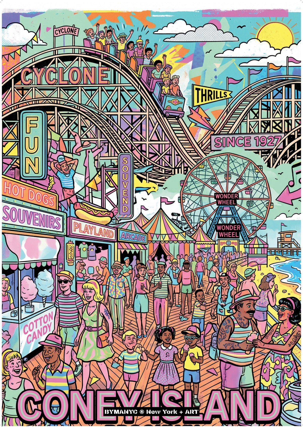 POSTER of ART NYC - CONEY ISLAND - Wonder Wheel and Boardwalk Scene BYMANYC ® New York + ART Limited Edition