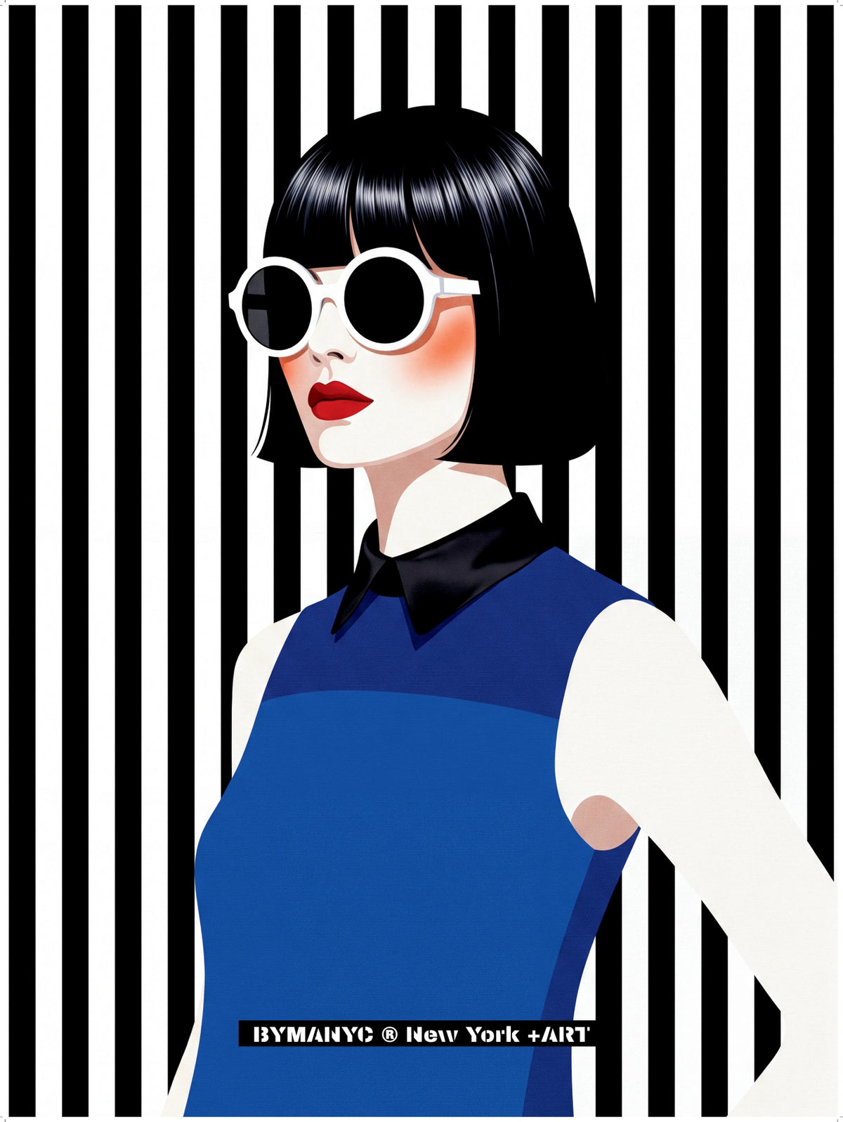 POSTER of POP ART - THE MOD OPTIC - Sapphire Blue and Black Striped Portrait - BYMANYC ® New York + ART