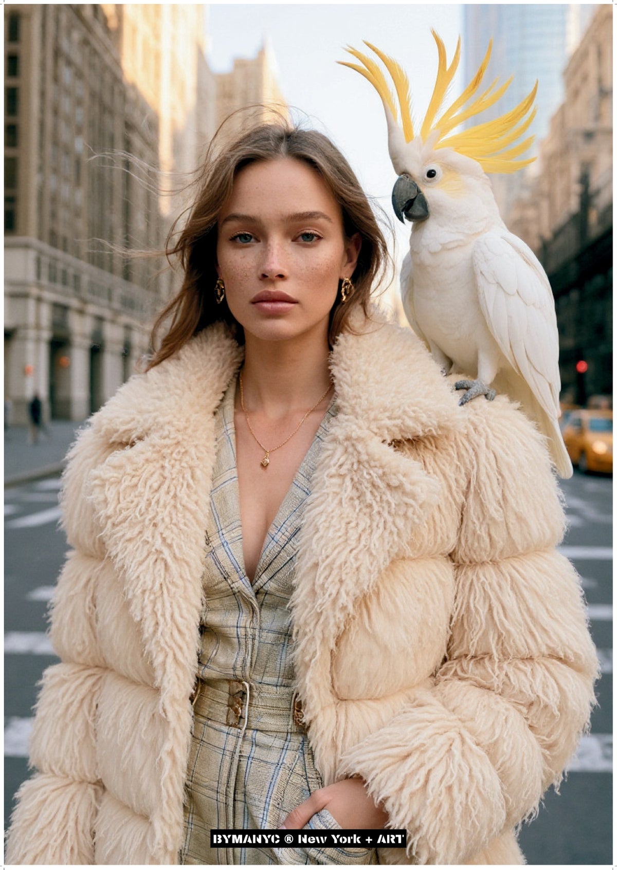 POSTER of ART URBAN - THE CRESTED COMPANION - Limited Edition Manhattan Street Portrait with Plumed Cockatoo and Shearling Textures - BYMANYC ® New York + ART