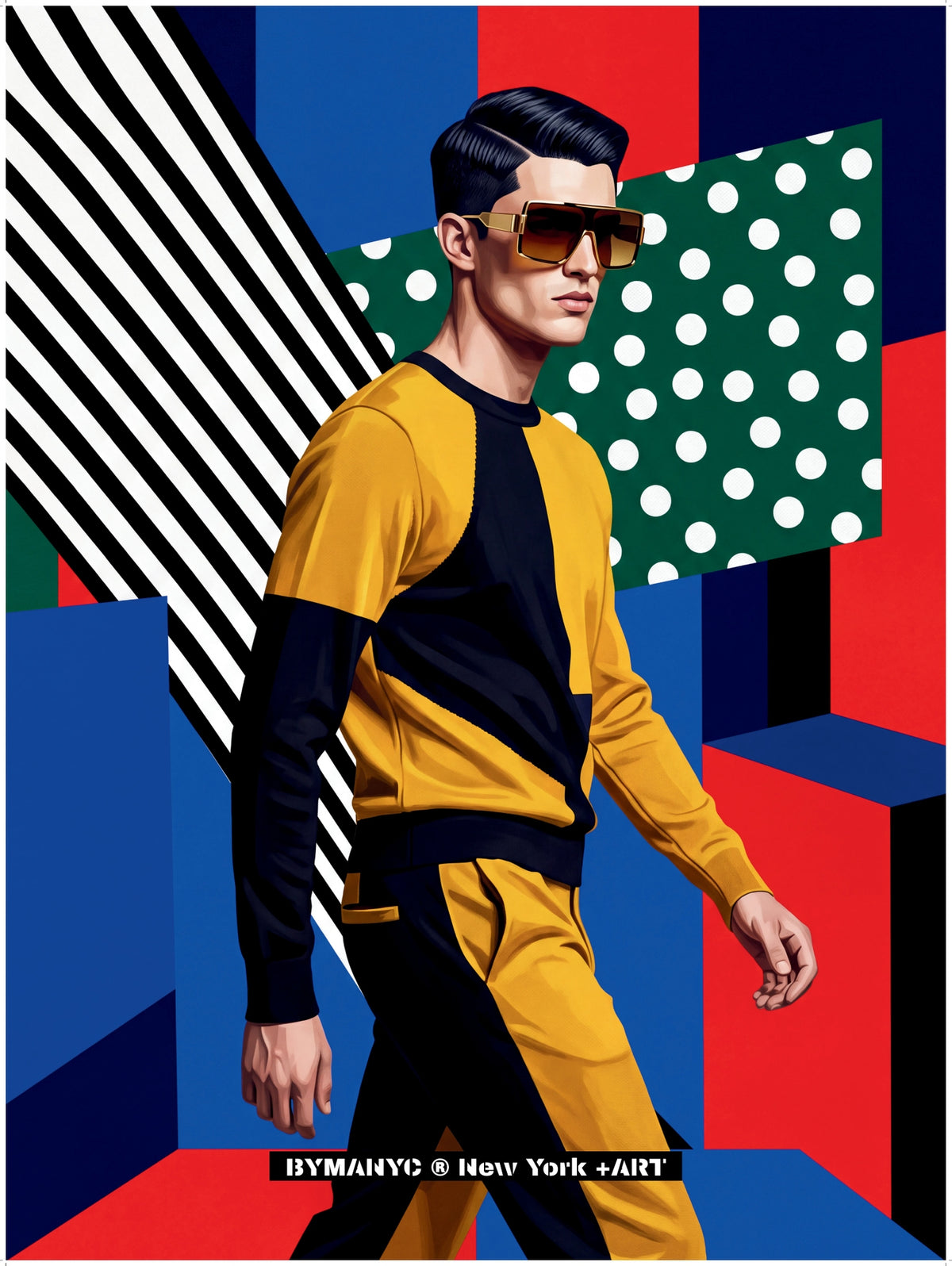 POSTER of POP ART - THE KINETIC STRIDE - Mustard Yellow and Black Sportswear - BYMANYC ® New York + ART