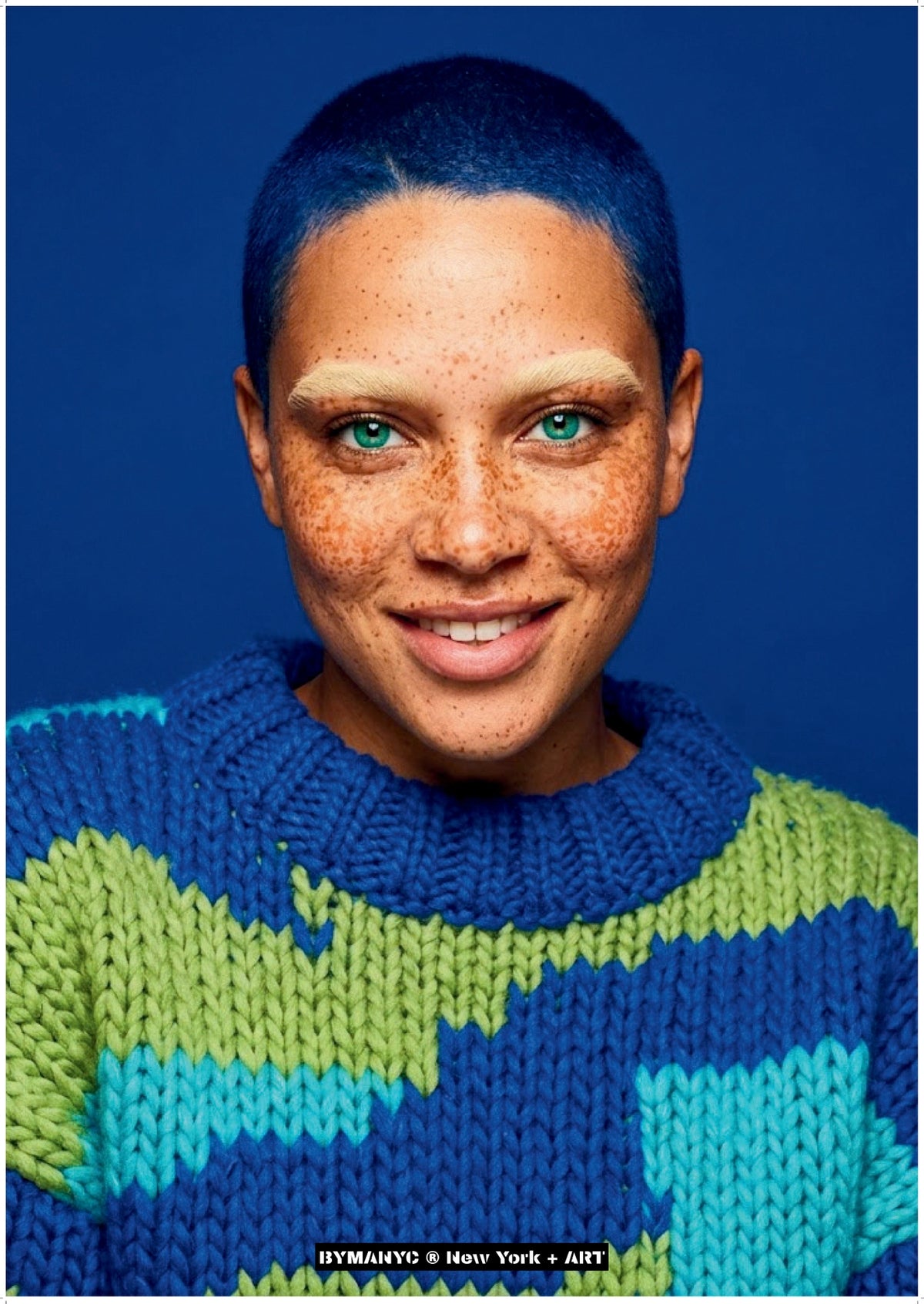 POSTER of ART AVANT-GARDE - THE ELECTRIC FRECKLES - Blue Buzz Cut and Knitted Sweater Portrait - BYMANYC ® New York + ART