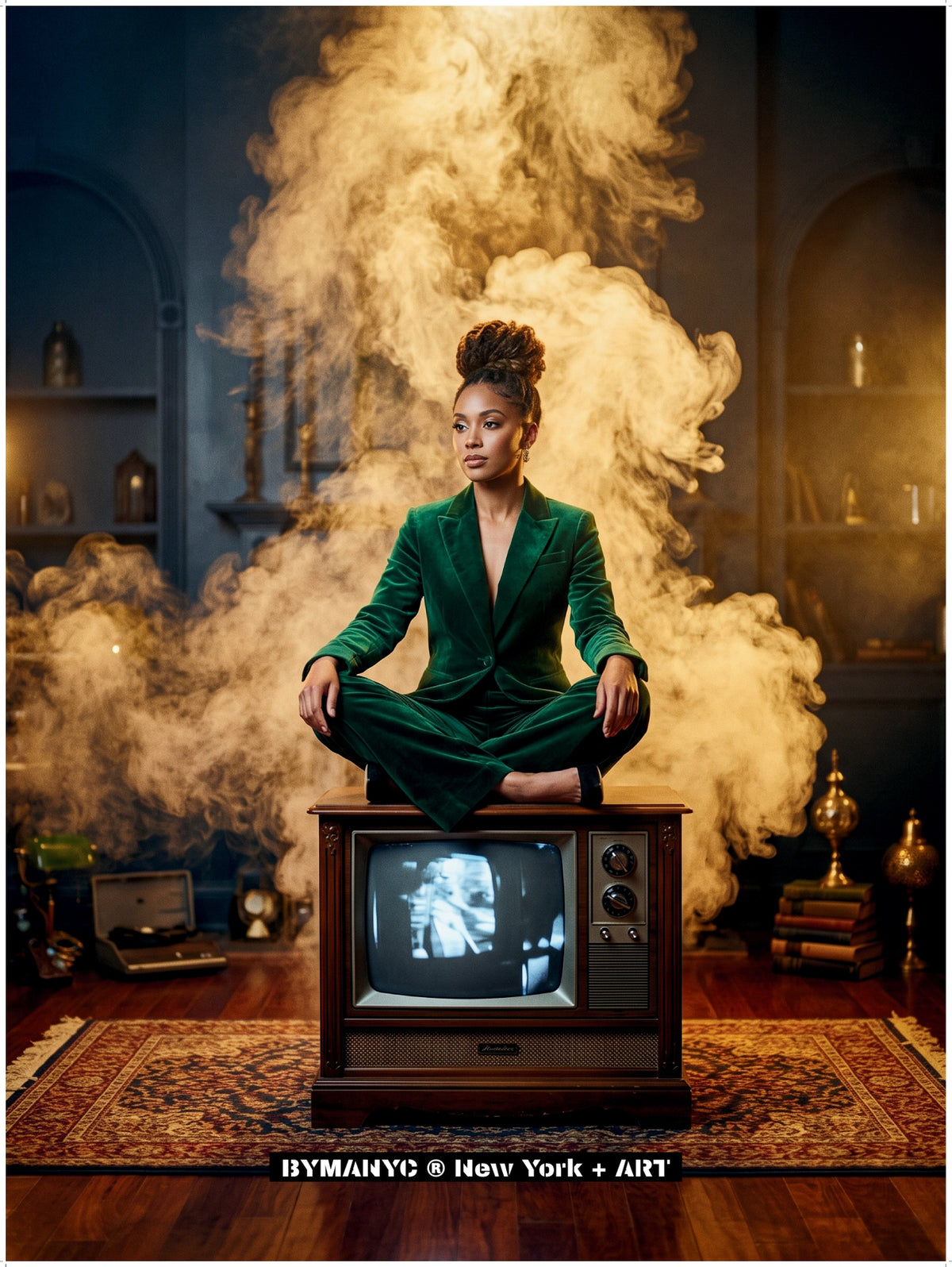 POSTER of ART AVANT-GARDE - VINTAGE TV SMOKE - Emerald Suit Meditation Portrait - BYMANYC ® New York + ART