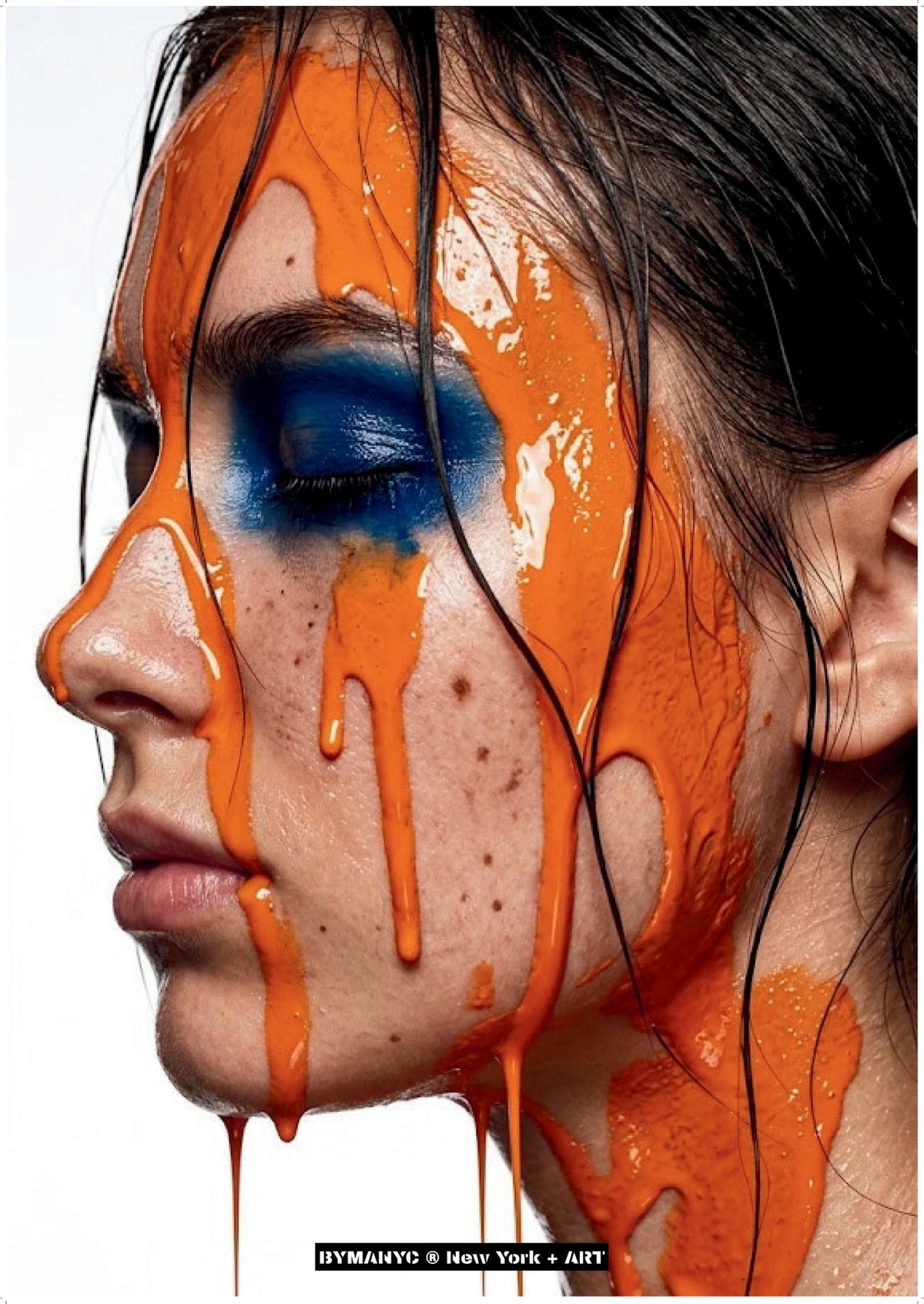 POSTER of ART AVANT-GARDE - THE MELTING CITRUS - Orange Paint Drip and Blue Eyeshadow Portrait - BYMANYC ® New York + ART