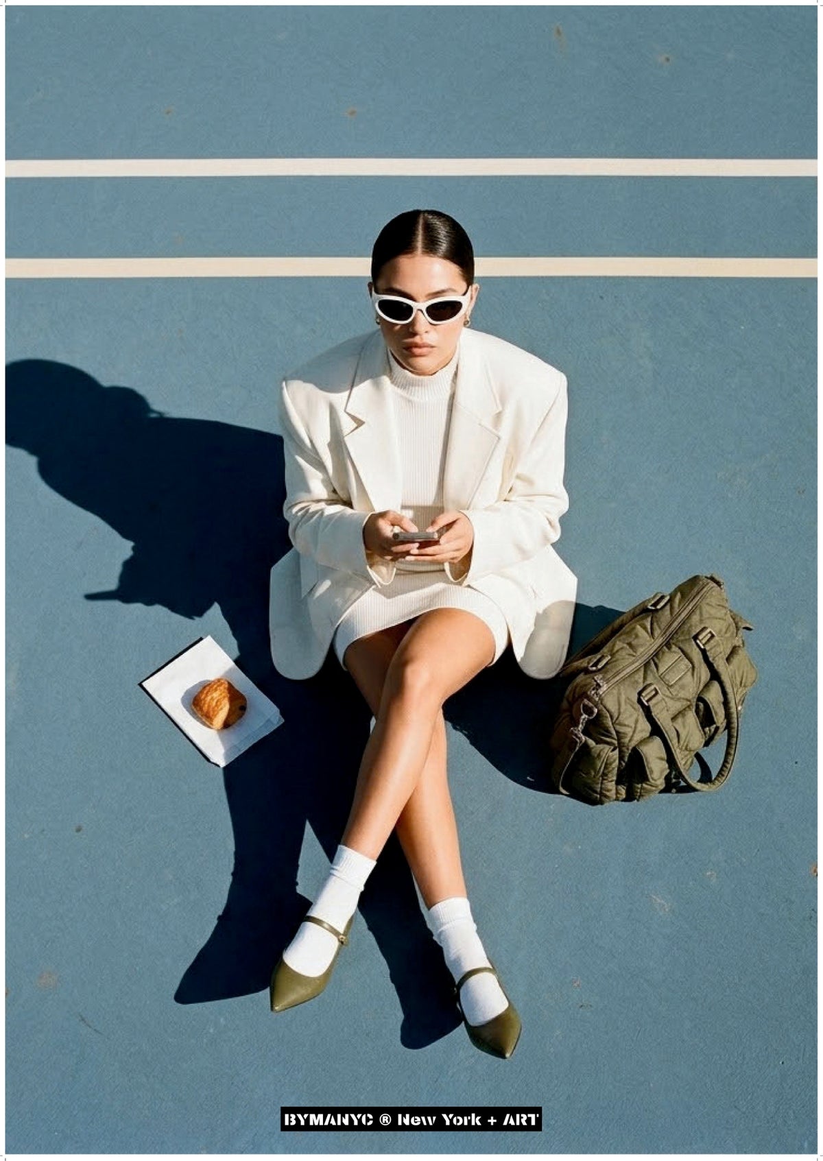 POSTER of ART AVANT-GARDE - THE COURTHOUSE BREAK - White Suit, Croissant and Olive Bag Portrait - BYMANYC ® New York + ART