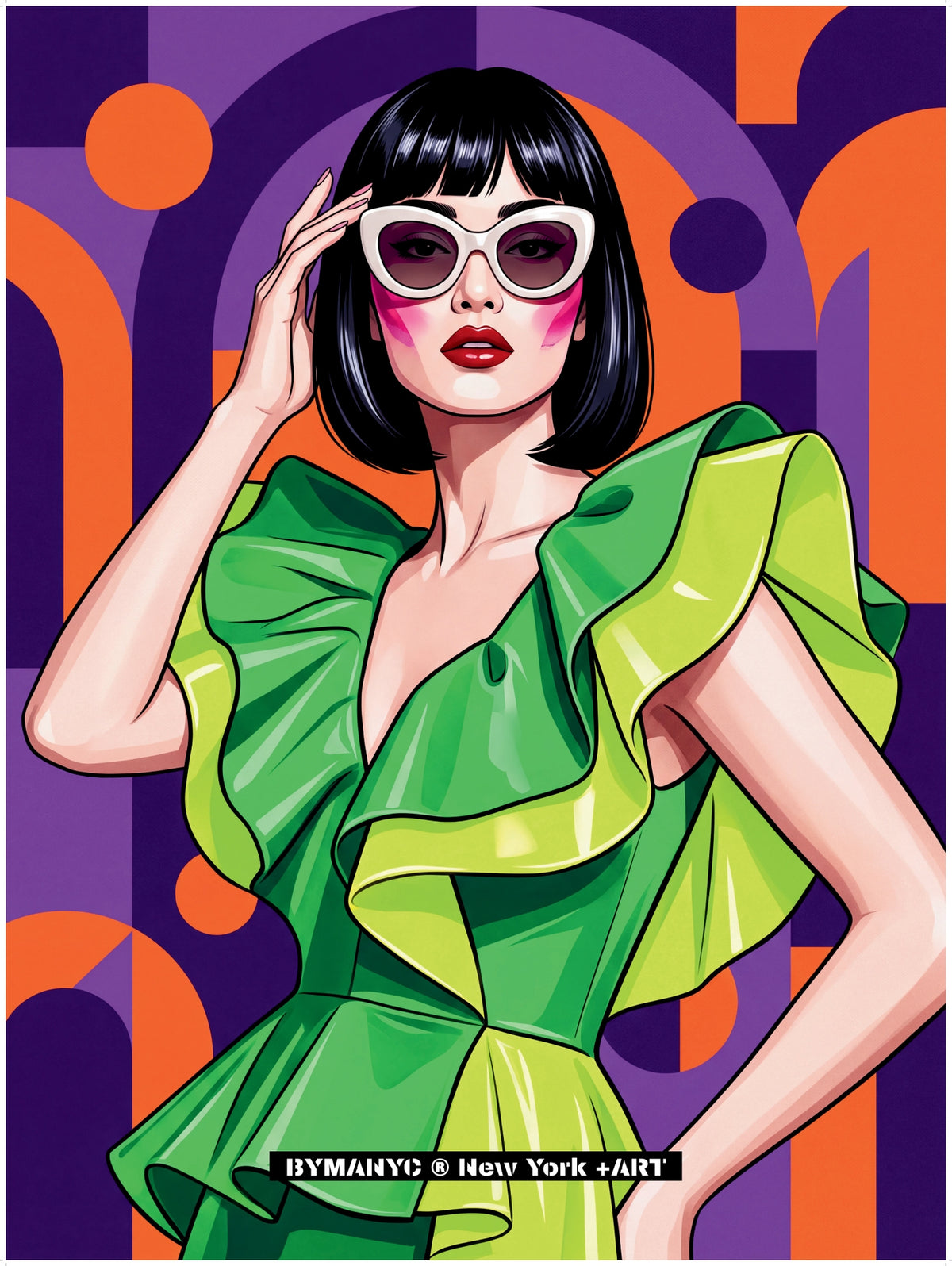 POSTER of POP ART - THE NEON LIME - Green and Yellow Ruffled Dress with Geometric Background - BYMANYC ® New York ART