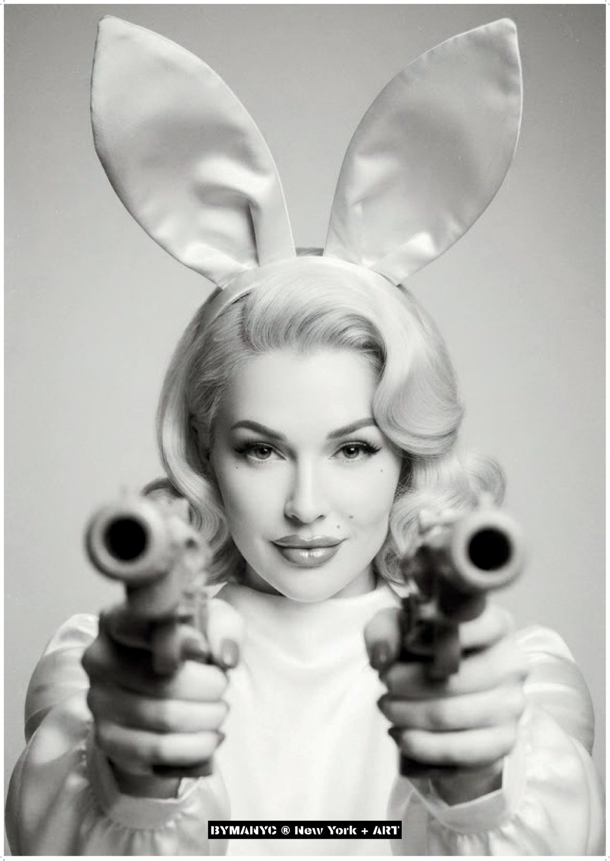 POSTER of ART NOIR - THE LETHAL INNOCENCE - Limited Edition Monochrome Portrait with Vintage Firearms and Satin Rabbit Ears - BYMANYC ® New York + ART