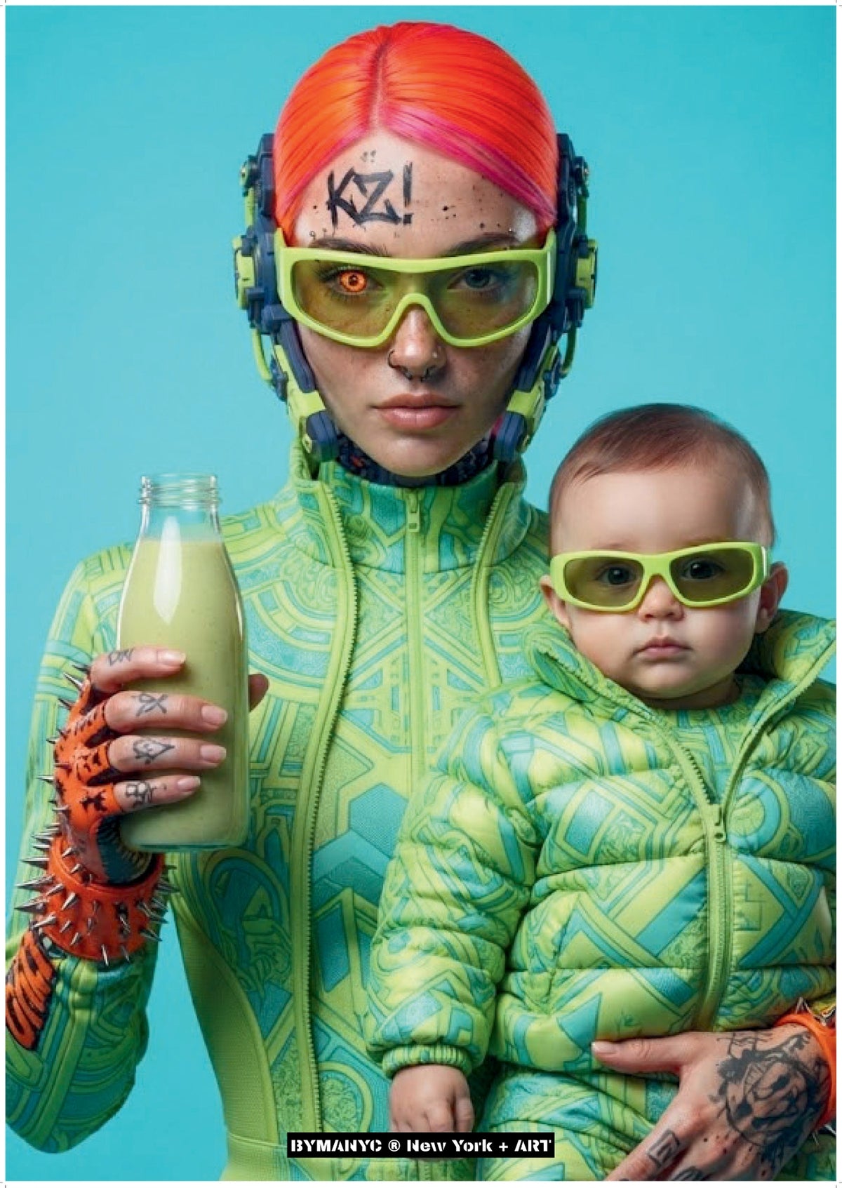 POSTER of ART CYBERNETIC - THE NEON NURTURE - Limited Edition Cyber-Goth Mother and Child Portrait with Green Elixir - BYMANYC ® New York + ART