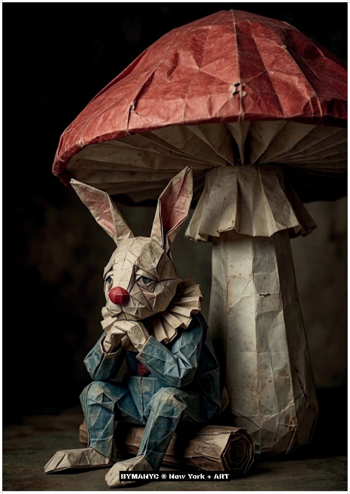 POSTER of ART AVANT-GARDE - THE ORIGAMI RABBIT - Paper Sculpted Hare Under Mushroom Sculpture - BYMANYC ® New York + ART